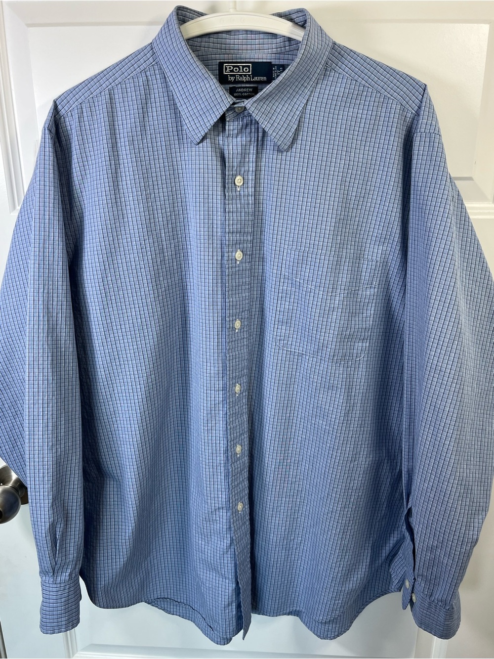 Vintage Polo Ralph Lauren Andrew Blue Check Dress Shirt XL 17 34/35